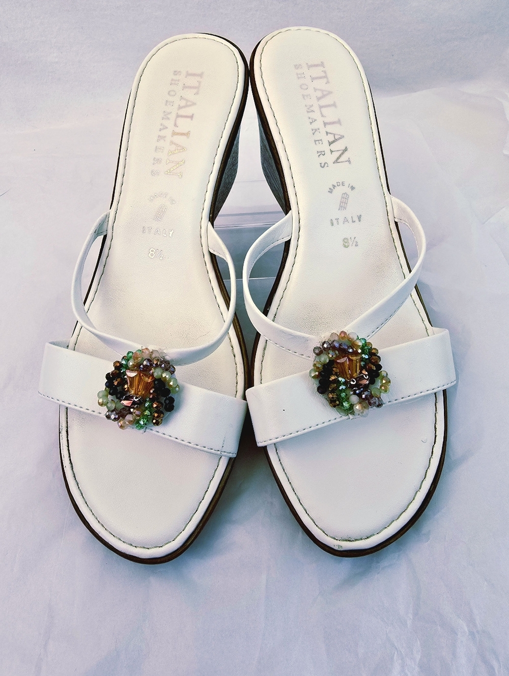 Italian Shoemakers Beaded White Wedge Sandals - Size 8.5